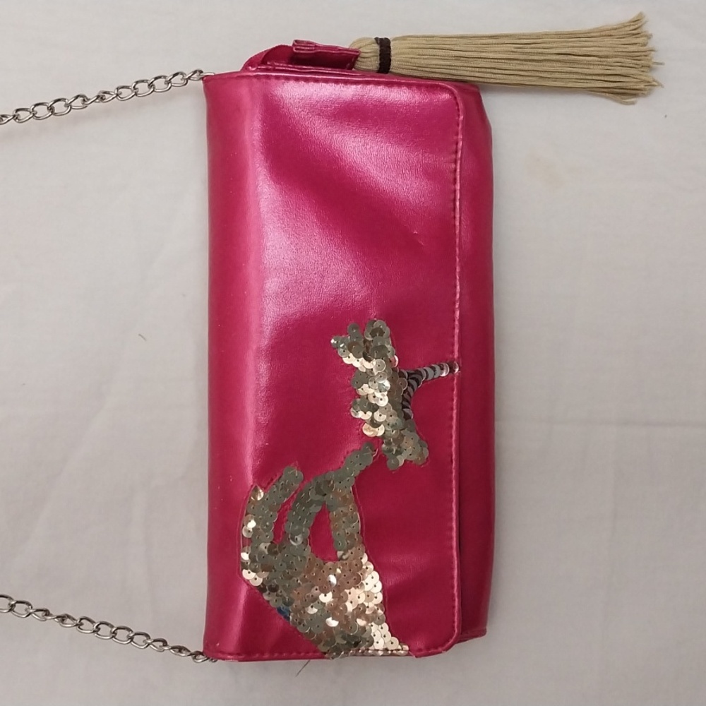 Transpersonal pink clutch metal chain sequin purse